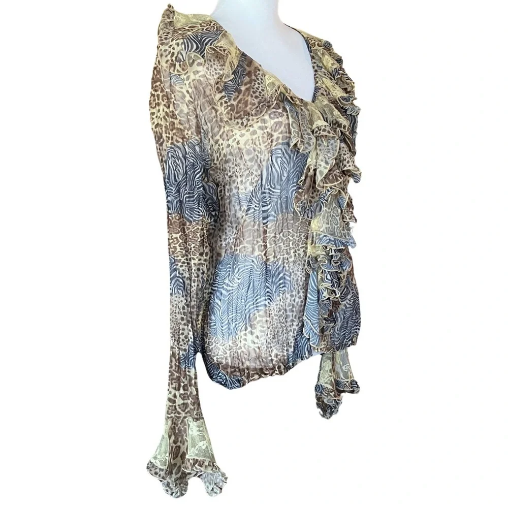 NWT 90s Y2K Vintage MK Solo Animal Print Sheer Ruffle Blouse Lace. Size XL - Picture 4 of 12